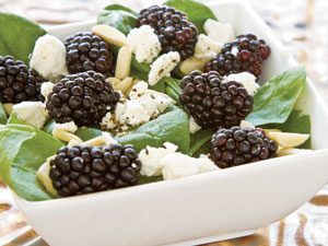 Blackberry Spinach Salad with Goat Cheese Medallions